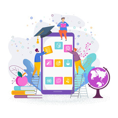 Educational application development on mobile screen. Flat vector concept.