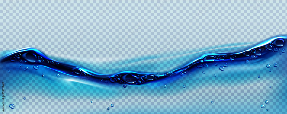 Blue clean water wave with bubbles and drops - obrazy, fototapety, plakaty 