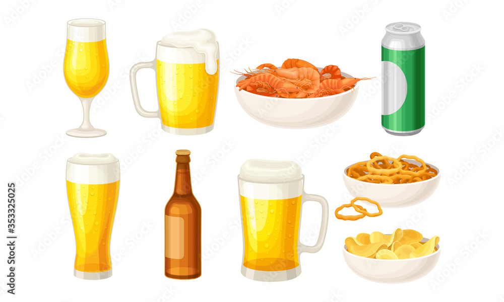 Beer Poured in Bottle and Mugs with Bowls of Shrimps and Potato Chips Vector Set - obrazy, fototapety, plakaty 