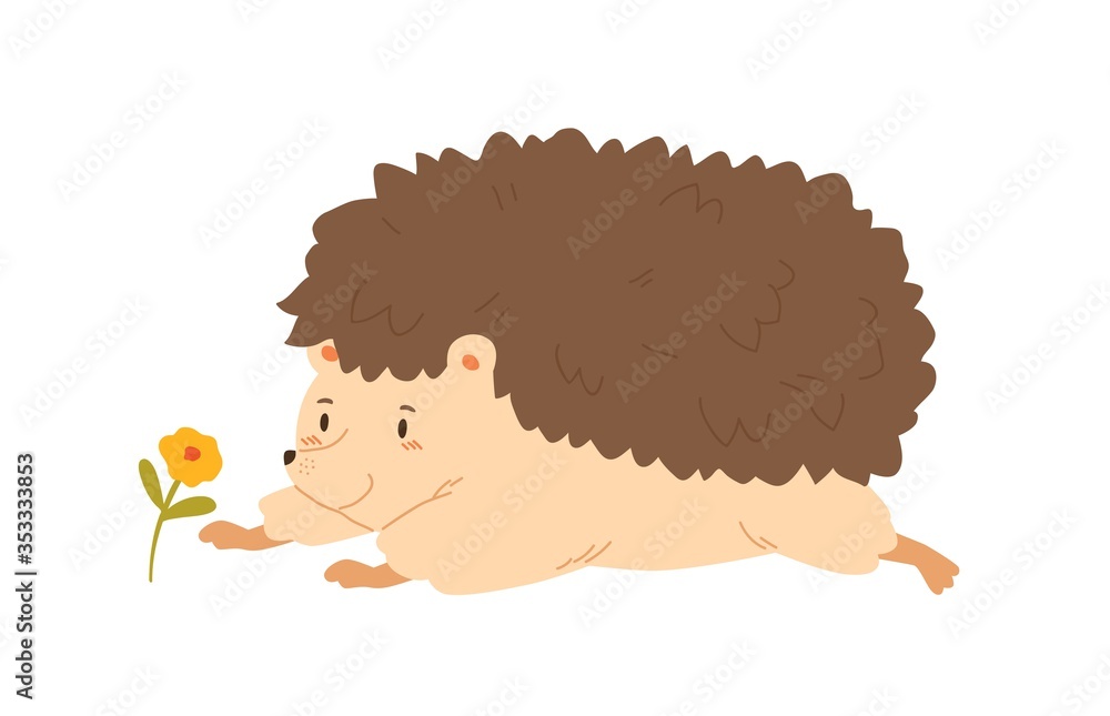 Funny hedgehog crawling to flower vector flat illustration. Cute forest animal having fun admiring plant isolated on white background. Colorful cartoon character lying having positive emotion - obrazy, fototapety, plakaty 