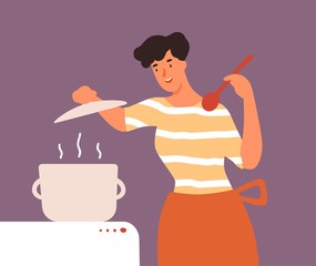 Wall Mural - Happy housewife open lid of pan during cooking food vector flat illustration. Smiling young woman in apron holding spoon preparing meal on stove isolated. Joyful domestic female at kitchen