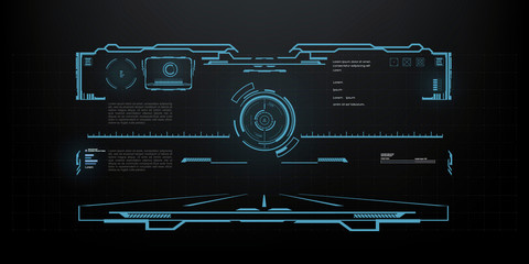 Wall Mural - Modern target auto-guidance system. Tilt scope sight in futuristic virtual display design. Target screen for video games. Techno target. Vector HUD, GUI
