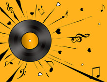 Vinyl Record And Black Musical Notes On A Yellow Background.
