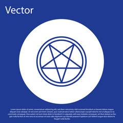 Sticker - Blue line Pentagram in a circle icon isolated on blue background. Magic occult star symbol. White circle button. Vector Illustration.