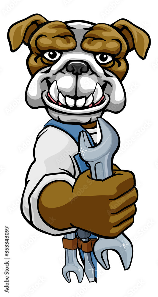 A bulldog cartoon animal mascot plumber, mechanic or handyman builder construction maintenance contractor peeking around a sign holding a spanner or wrench - obrazy, fototapety, plakaty 