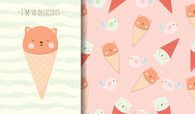 Cute Bear In Ice Cream Cone Cartoon Card And Seamless Pattern For Kid.