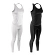 © StudioIlanP - Sports women's shirt, singlet and leggings of white and black. Side view (3\4). Sportswear set. Mockup for your design and branding. Blank clean template. 3d illustration isolated on white background