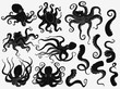 Black octopus silhouette set isolated on white background