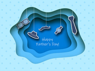 Wall Mural - Blue Polka Dots Paper Layer Cut Background Decorated with Sticker Style Glasses, Fedora Hat, Mustache, Wristwatch, Necktie Hangs for Happy Father's Day Celebration.