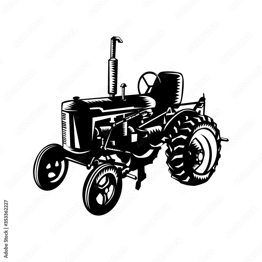 Vintage Farm Tractor Retro Woodcut Black and White Stock Vector | Adobe ...