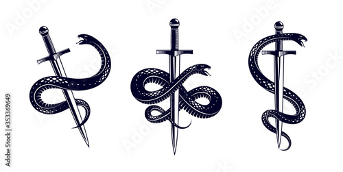 Cuadros en Lienzo Snake and Dagger, Serpent wraps around a sword vector vintage tattoo, Life is a Fight concept, allegorical logo or emblem of ancient symbol