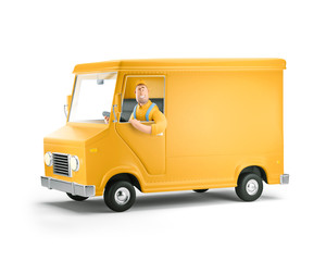 Truck delivery service and transportation. 3d illustration. Cartoon yellow car with driver character.