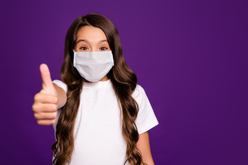 Sticker - Close-up portrait of her she nice happy small little brunette wavy-haired girl giving thumbup success preventive measures isolated over bright vivid shine vibrant purple violet lilac color background