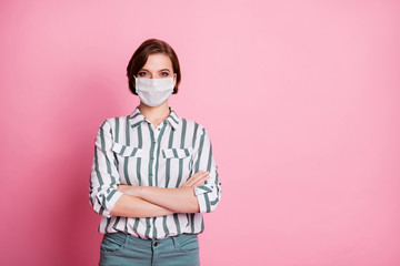 Sticker - Portrait of her she attractive pretty content sick ill unhealthy girl wearing gauze mask respiratory influenza prevention decontamination sars risk folded arms isolated on pink pastel color background