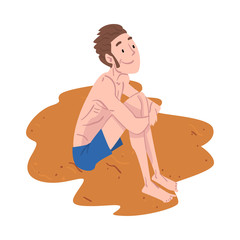 Sticker - Relaxed Young Man Sitting on the Beach Cartoon Style Vector Illustration on White Background