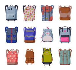 Sticker - Backpacks for Schoolchildren or Students Collection, Front View of Travel Bags for Backpacking Flat Style Vector Illustration