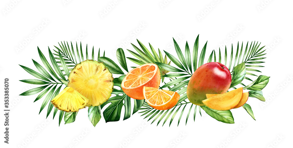 Watercolor tropical fruits. Horizontal border with orange, ananas, mango fruits and palm leaves. Botanical realistic hand drawn illustration - obrazy, fototapety, plakaty 