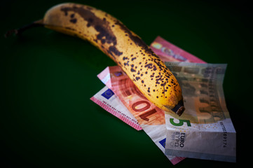 Wall Mural - Fruit lying together with European banknotes on a green background.