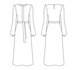 Fashion illustration of dress with sleeves. Technical drawing of dress