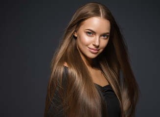 Beautiful smooth long hair woman natural make up face portrait beauty