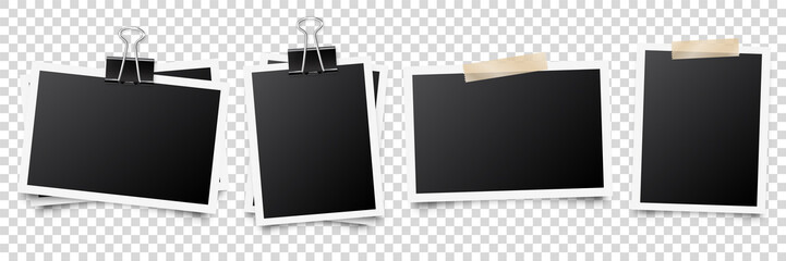 Wall Mural - Realistic blank photo card frame, film set. Retro vintage photograph with adhesive tape and shadow. Digital snapshot image. Photography art. Template or mockup for design. Vector illustration.