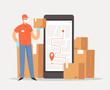 © Margaret - Online safe Delivery Concept. Courier with boxes and mobile phone map in medical mask and gloves, delivers the package, parcel or food during quarantine. Coronavirus Contact free 24/7 delivery service