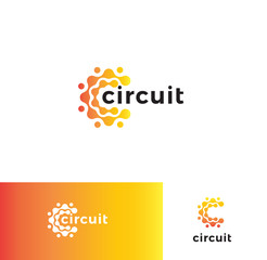 Aufkleber - Digital stylized circuit board logo set. Electronic technology logotype collection. Round micro scheme, chip icon. High tech vector illustration. Orange and white electricity circle sign.