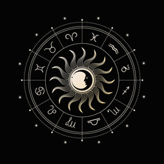 sun, crescent and zodiac circle. moon face. vintage illustration.