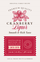 Wall Mural - Family Recipe Cranberry Liquor Acohol Label. Abstract Vector Packaging Design Layout. Modern Typography Banner with Hand Drawn Berries Silhouette Logo and Background.