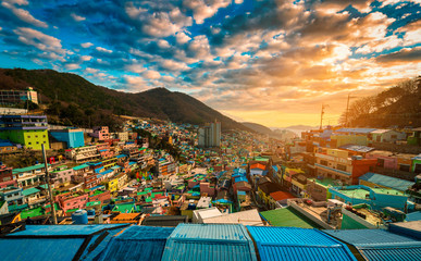 Gamcheon Culture Village at sunset in Busan city, South Korea.