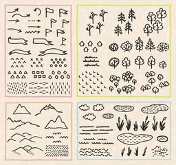 set with thematic sets of cartographic symbols. vector illustration with hand-drawn elements for a m