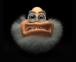 3d render of abstract cartoon character of crazy angry doctor professor with white grey clunky beard and old school metal glasses with scratches on black background 