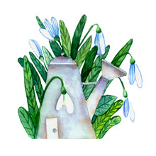 Fantastic Watercolor Fairytale House And Garden Watering Can With Snowdrops And Yellow Flowers On A White Background.