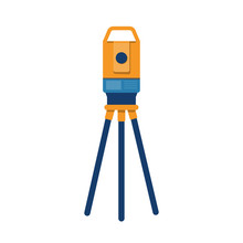 Theodolite Tripod. Surveying Instrument. Geodetic Optical Measuring Laser Level Devices. Isolated Vector Illustration In Flat Style On White Background
