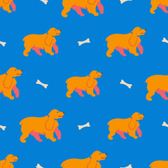 Wall Mural - Seamless pattern with funny cartoon style icon of english cocker spaniel. Simple background with cute family dog.