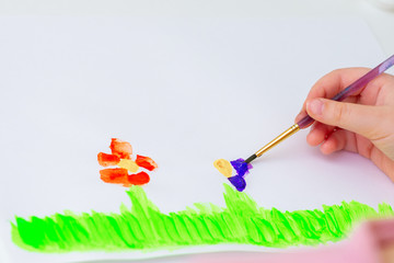 Poster - Child is drawing flowers by watercolors on white paper. Children's and Earth day concept.