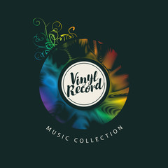 Vector music banner with vibrant multicolored vinyl record and calligraphic lettering on the black background. Suitable for poster, flyer, invitation, cover. Music collection