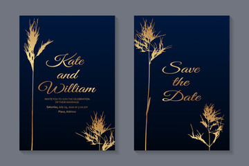 Set of modern floral luxury wedding invitation design or card templates for business or presentation or greeting with golden spikelets on a navy blue background.