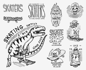 Skateboard shop badges set. Dinosaur and skeletons ride on the boards concept. Fiery head and skull. Vintage retro labels for t-shirts and typography. Hand Drawn engraved sketch.