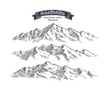 Mountains Set. Hand Drawn Rocky Peaks. Illustration Drawn In Vintage Style Vector Format.