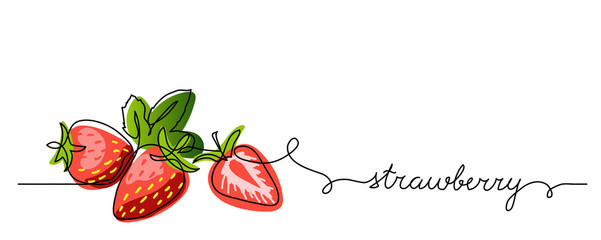 Poster - Strawberry vector color illustration, background, banner for label design. One continuous line drawing of strawberry with lettering. Editable black stroke.