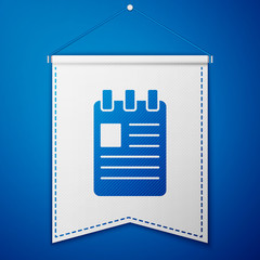 Poster - Blue Notebook icon isolated on blue background. Spiral notepad icon. School notebook. Writing pad. Diary for school. White pennant template. Vector Illustration.