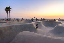 Skate Board Park In Venice Beach At Sunset, California, Usa