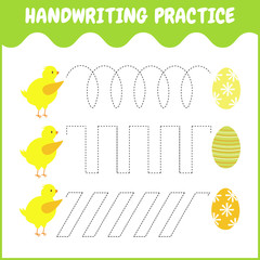 Handwriting practice sheet. Educational children game, restore the dashed line. Writing training printable worksheet with with wavy lines and chick.