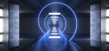 Sci Fi Concrete Futuristic Tunnel Corridor Column Pillars Room Neon Spiral Light Glowing Laser Blue Vibrant Catwalk Alien Spaceship Showroom Gate 3D Rendering