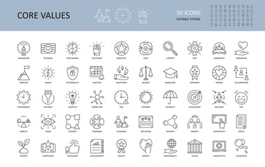 Vector icon core values. Set 50 icons with editable stroke. Values of business company and person. The logic of imagination tolerance willpower open-minded innovative. Curiosity community dependabilit