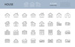 © Irene - Vector house icons. Editable Stroke. The buildings are one and two-story, with a garage, a chimney. Door windows