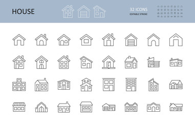Vector house icons. Editable Stroke. The buildings are one and two-story, with a garage, a chimney. Door windows