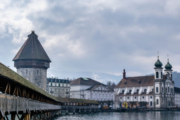 Poster - Wooden bridge nad Cathedral in Lucerne (Luzern) Switzerland