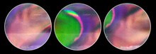 Real Macro Photo Of Three Cool Foil Vinyl Sticker Isolated On Black Background With Scratches, Dust And Color Blocking Feel, Design Elements, Poster Idea, Your Text Here.